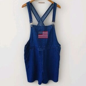 Agapo Blue Jean Overall Shorts American Flag Embroidery Loose Fit Women Sz Large
